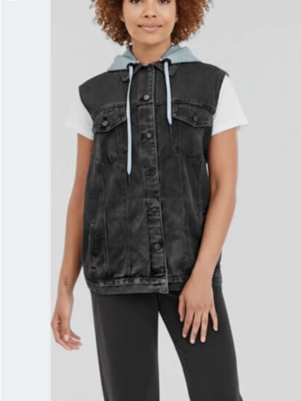 Carbon Black Washed Denim Hooded Sleeveless Jacket